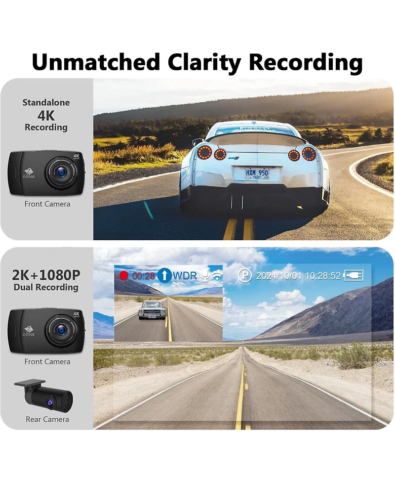 Z-edge T4 4K Dash Cam, 2K Front + 1080P Rear, 4 inch Touchscreen, Wdr Night Vision, G Sensor, Loop Recording, 24 Hour Parking Mode, Built in Wi Fi, Su