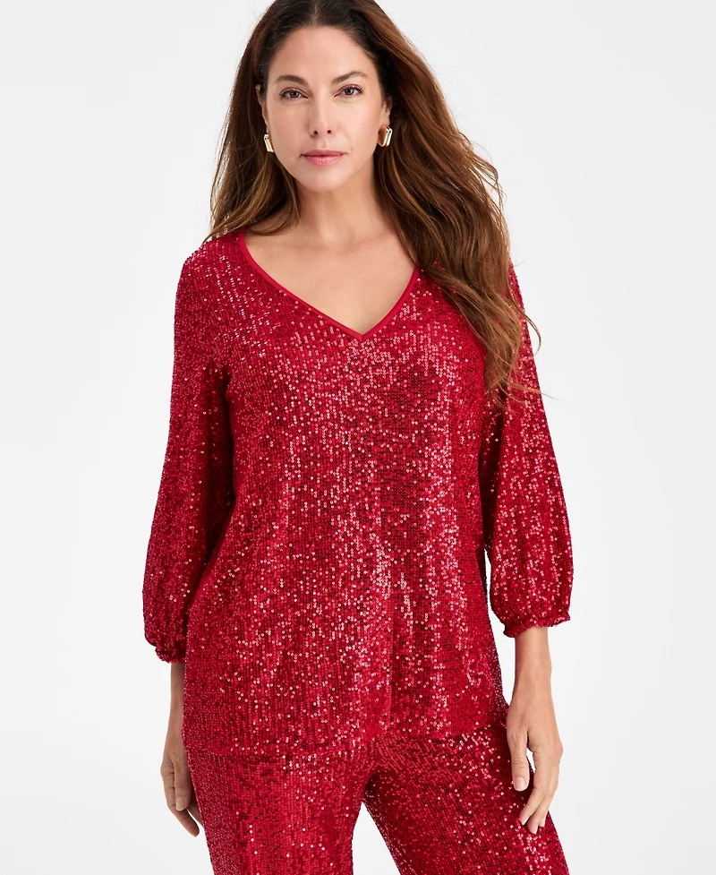 Jm Collection Women's Sequinned 3/4-Sleeve Top, Macy's Exclusive
