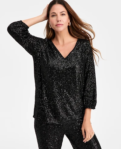 Jm Collection Women's Sequinned 3/4-Sleeve Top, Macy's Exclusive