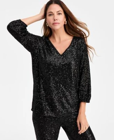 Jm Collection Womens Sequinned 3 4 Sleeve Top Macys Exclusive