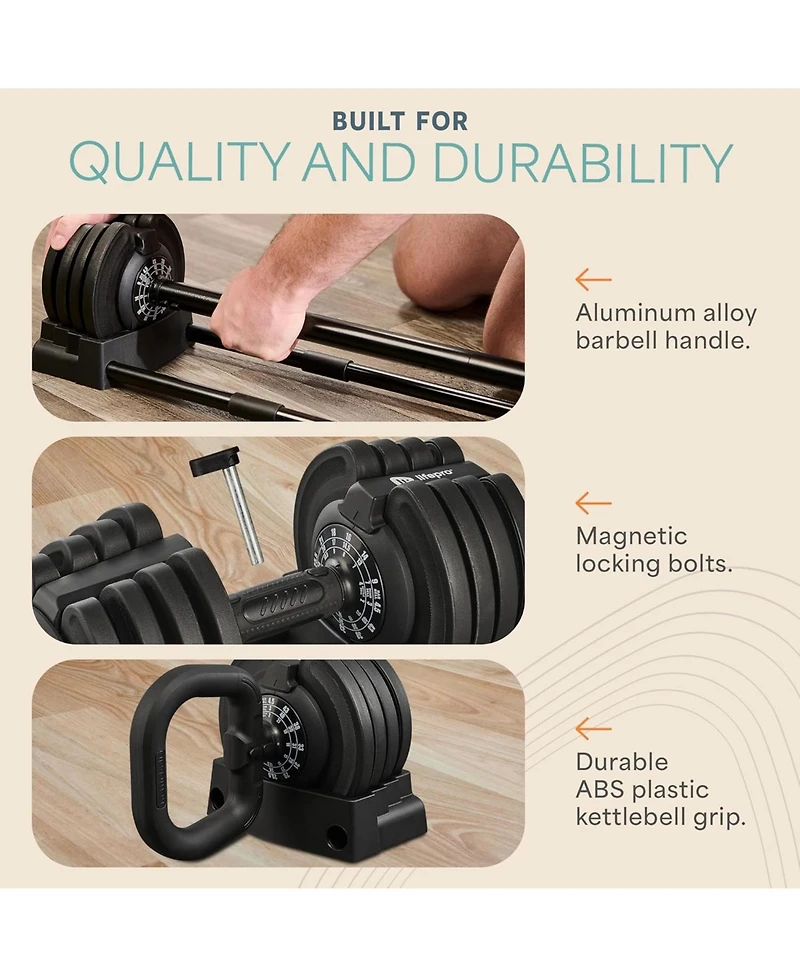 Lifepro Adjustable Dumbbells Set with Rack - Quick Adjust Weights, Secure Grip, Compact Design for Home Gym