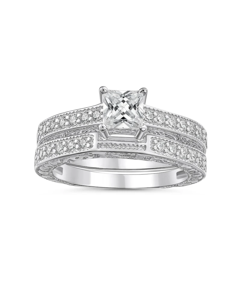 Bling Jewelry Art Deco-Inspired Sterling Silver 2-Pc. Princess-Cut Cz Promise Ring & Pave Band Set (.75 Ctw)