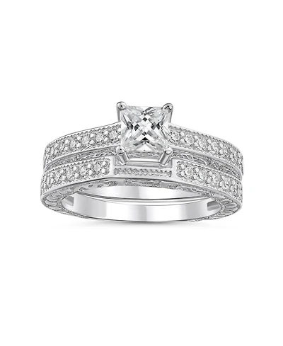 Bling Jewelry Art Deco-Inspired Sterling Silver 2-Pc. Princess-Cut Cz Promise Ring & Pave Band Set (.75 Ctw)