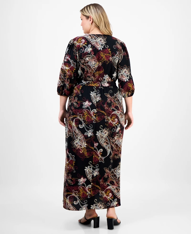 Connected Plus Woven Long-Sleeve Tie-Waist Dress