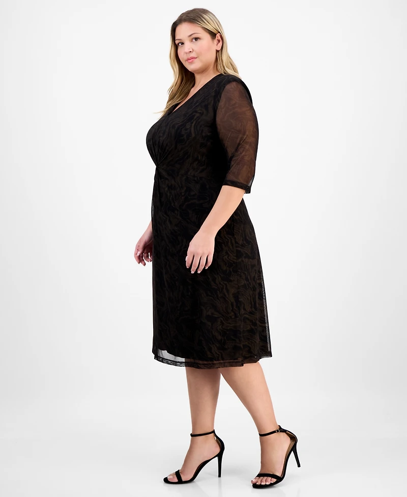 Connected Plus V-Neck Mesh Elbow-Sleeve Dress