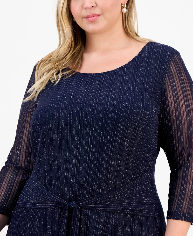 Connected Plus Mesh Long-Sleeve Round-Neck Dress
