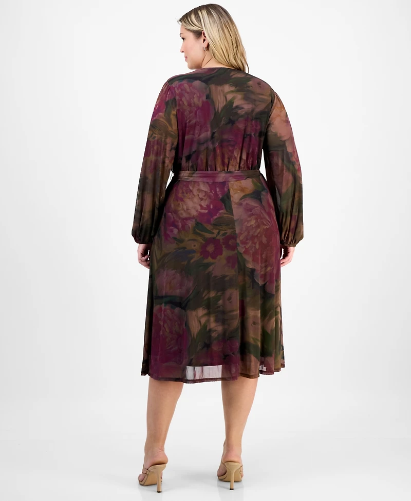 Robbie Bee Plus Long-Sleeve Printed Mesh A-Line Dress