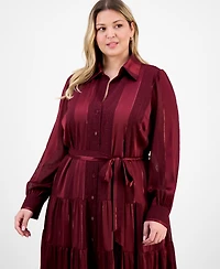 Robbie Bee Plus Long-Sleeve Satin Stripe Shirtdress