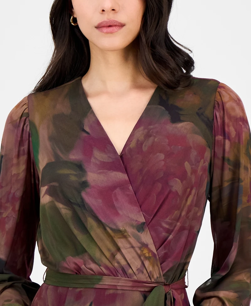 Robbie Bee Petite Long-Sleeve Printed Mesh Midi Dress