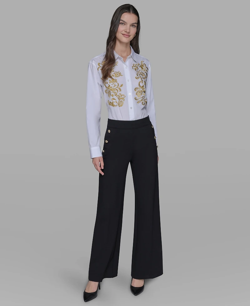 Karl Lagerfeld Paris Women's Side-Button Wide-Leg Ponte Pants