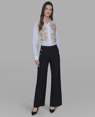Karl Lagerfeld Paris Women's Side-Button Wide-Leg Ponte Pants