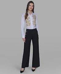 Karl Lagerfeld Paris Women's Side-Button Wide-Leg Ponte Pants