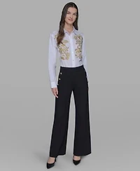 Karl Lagerfeld Paris Womens Side Button Wide Leg Ponte Pants P Xs Xl