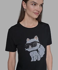 Karl Lagerfeld Paris Women's Sequin Choupette Crewneck T-Shirt