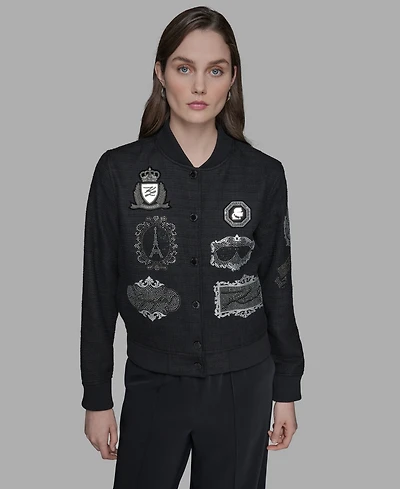Karl Lagerfeld Paris Women's Patch Long Sleeve Bomber Jacket