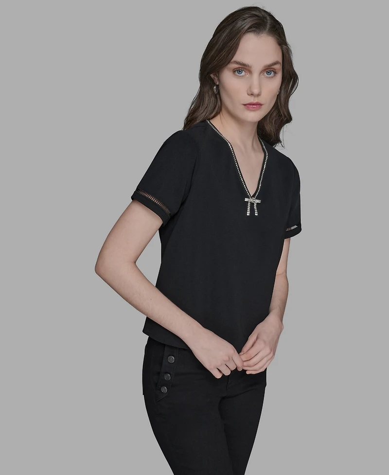 Karl Lagerfeld Paris Women's Sparkle-Bow V-Neck Knit Top