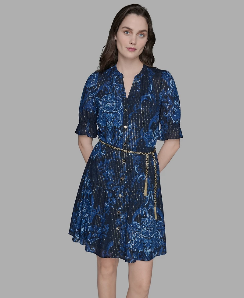 Karl Lagerfeld Paris Women's Printed Chain-Belt Ruffle-Sleeve Dress