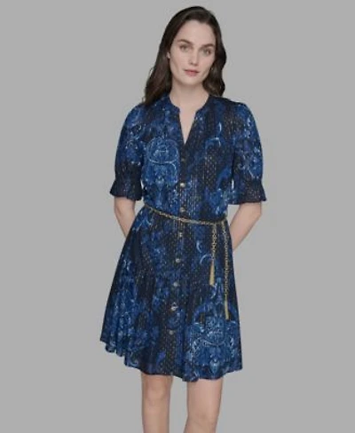 Karl Lagerfeld Paris Womens Printed Chain Belt Ruffle Sleeve Dress 2p 16