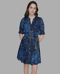 Karl Lagerfeld Paris Womens Printed Chain Belt Ruffle Sleeve Dress 2p 16