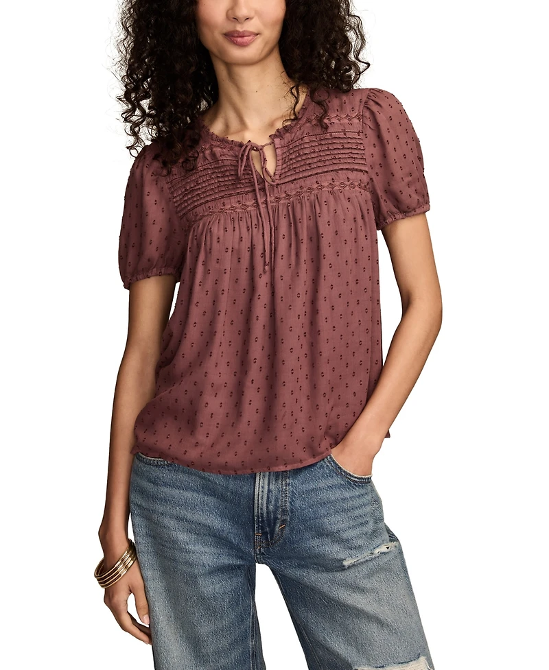 Lucky Brand Women's Clip Dot Short Sleeve Peasant Top