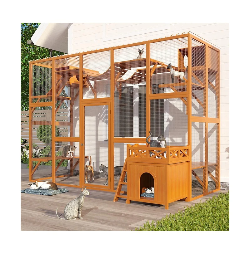 Aostirmotor 118 in. Outdoor Wooden Cat house Cat shelves with Window Box in Natural