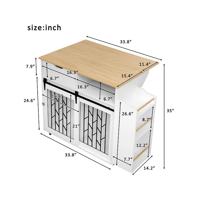 Aostirmotor 41.5 in. Wooden Dog Crate Cabinet with End Table, Rolling casters in White