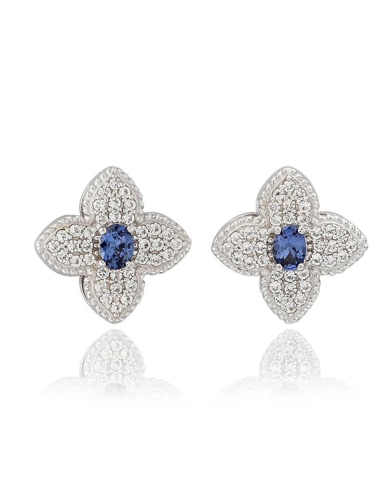 Suzy Levian New York Sterling Silver Clover Sapphire & Created White Stud Earring