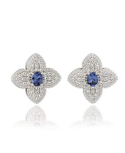 Suzy Levian New York Sterling Silver Clover Sapphire & Created White Stud Earring