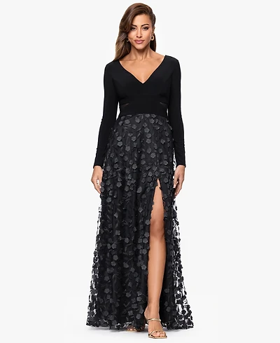 Xscape Women's Long Sleeve V-Neck Dress
