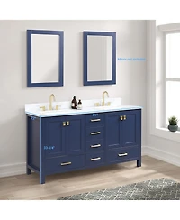 Vanirror Geneva 60-Inch Double Bathroom Vanity in Navy Blue – Solid Wood Cabinet with Marble Countertop and Ceramic Undermount Sink