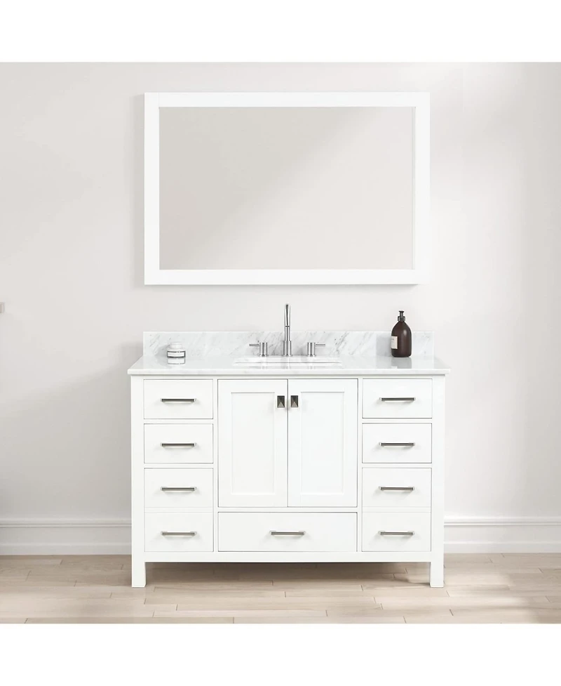 Vanirror 48" Matte White Bathroom Vanity Set with Marble Countertop & Ceramic Sink, Solid Wood Freestanding Vanity for Modern Bathrooms