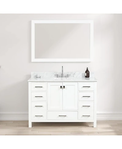 Vanirror 48" Matte White Bathroom Vanity Set with Marble Countertop & Ceramic Sink, Solid Wood Freestanding Vanity for Modern Bathrooms