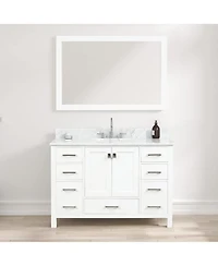 Vanirror 48" Matte White Bathroom Vanity Set with Marble Countertop & Ceramic Sink, Solid Wood Freestanding Vanity for Modern Bathrooms