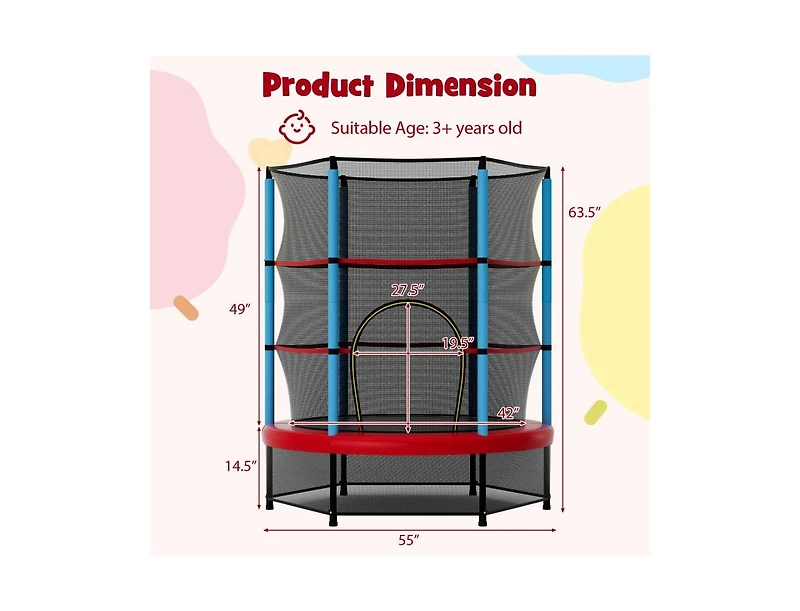 Akiudex 55 Inch Kids Trampoline with Enclosure Net and Foam Padded Poles