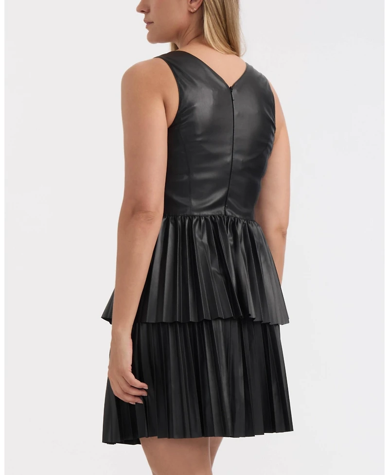 Ellen Tracy Women's Tiered Pleated Faux Leather Dress