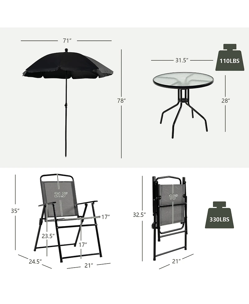 Gymax 6PCS Patio Garden Dining Set w/ Round Table & 4 Folding Chairs & Umbrella