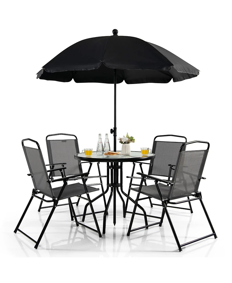 Gymax 6PCS Patio Garden Dining Set w/ Round Table & 4 Folding Chairs & Umbrella