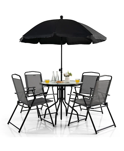 Gymax 6PCS Patio Garden Dining Set w/ Round Table & 4 Folding Chairs & Umbrella