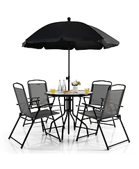 Gymax 6PCS Patio Garden Dining Set w/ Round Table & 4 Folding Chairs & Umbrella