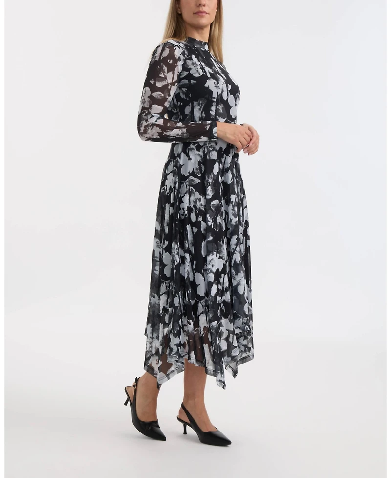 Ellen Tracy Women's Printed Mesh Dress with Handkerchief Hem