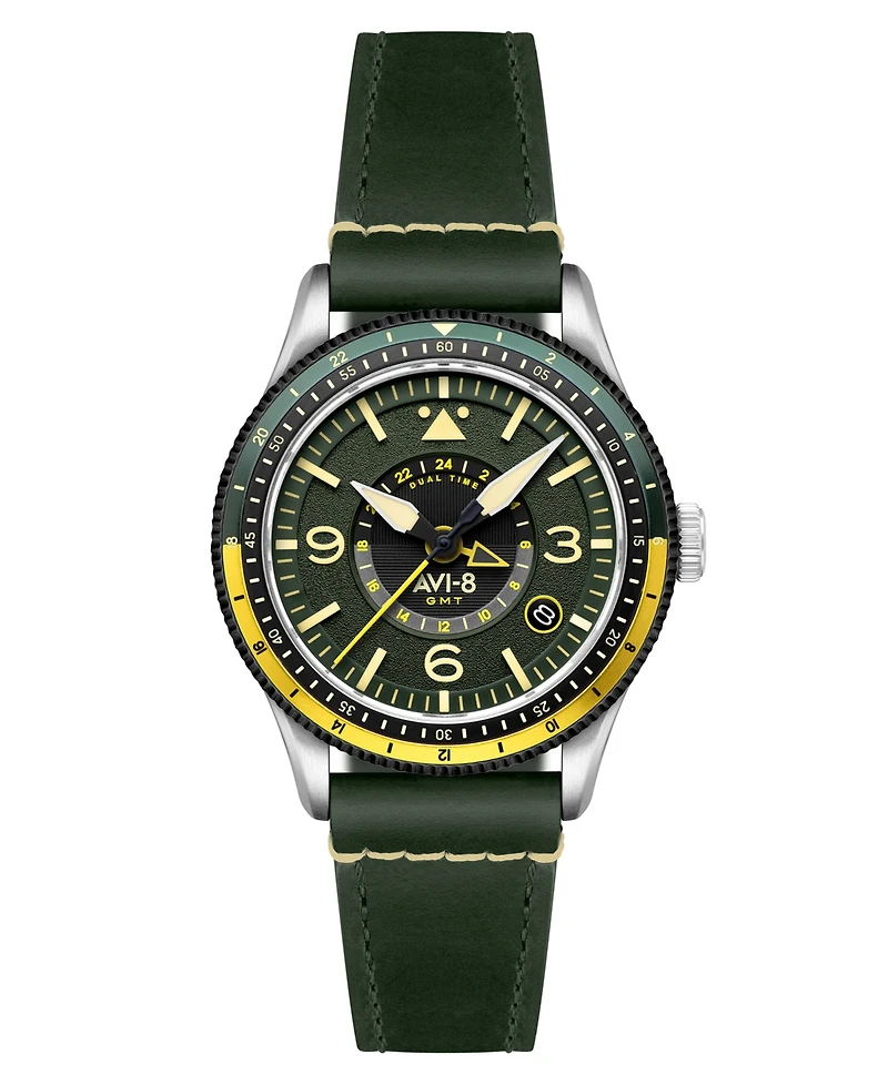 Avi-8 Men's Flyboy Green Leather Strap Watch, 40mm
