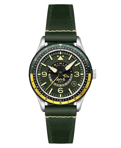 Avi-8 Men's Flyboy Green Leather Strap Watch, 40mm