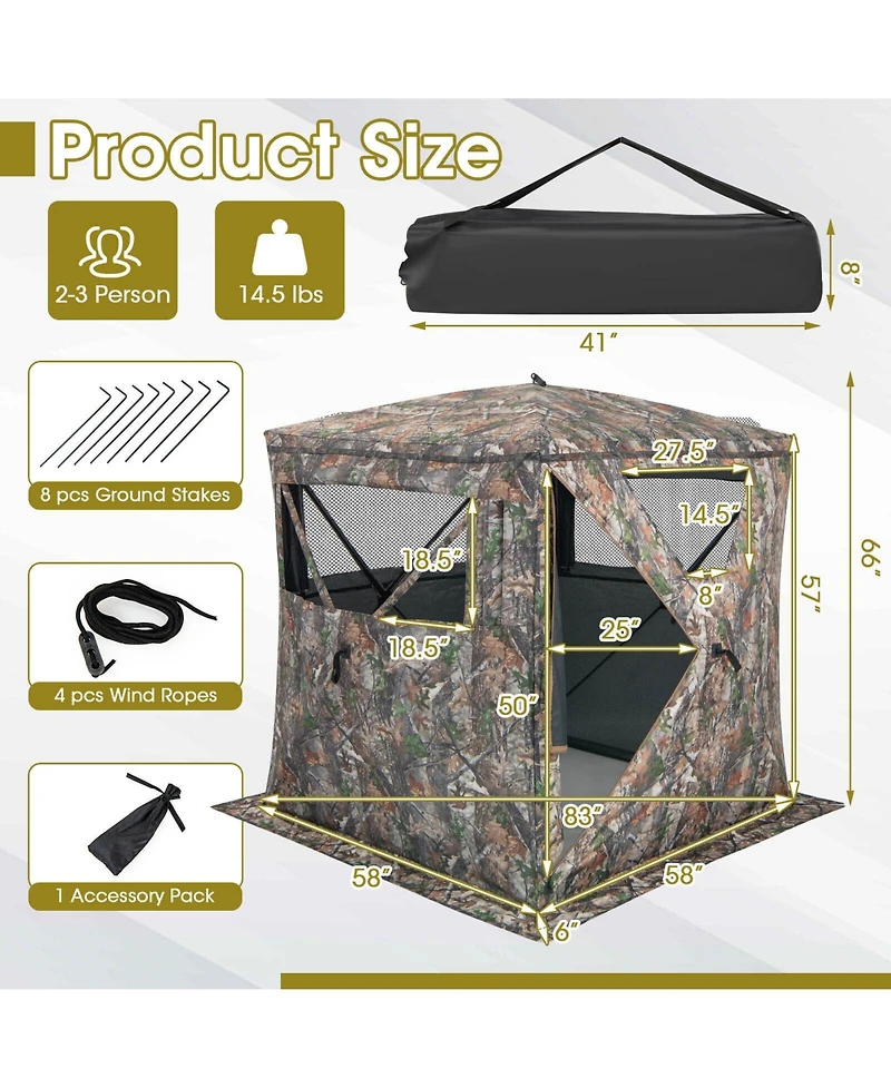Akiudex 3-Person Pop-Up Hunting Blind with 270 degree View and Camouflage Design