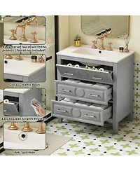 Casainc 30" Freestanding Vanity With Ceramic Sink Combo and 3 Drawers, Solid Wood Frame