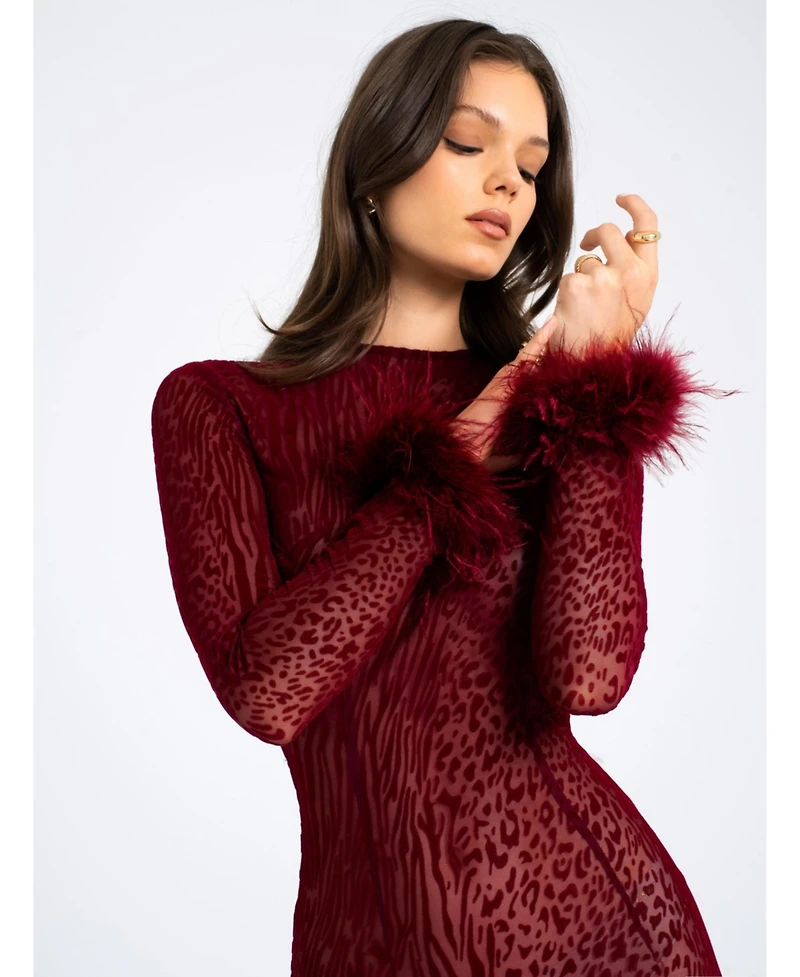 Miss Circle Women's Patricia Burgundy Leopard Burnout Velvet Mesh Backless Maxi Dress