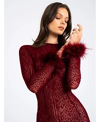 Miss Circle Women's Patricia Burgundy Leopard Burnout Velvet Mesh Backless Maxi Dress