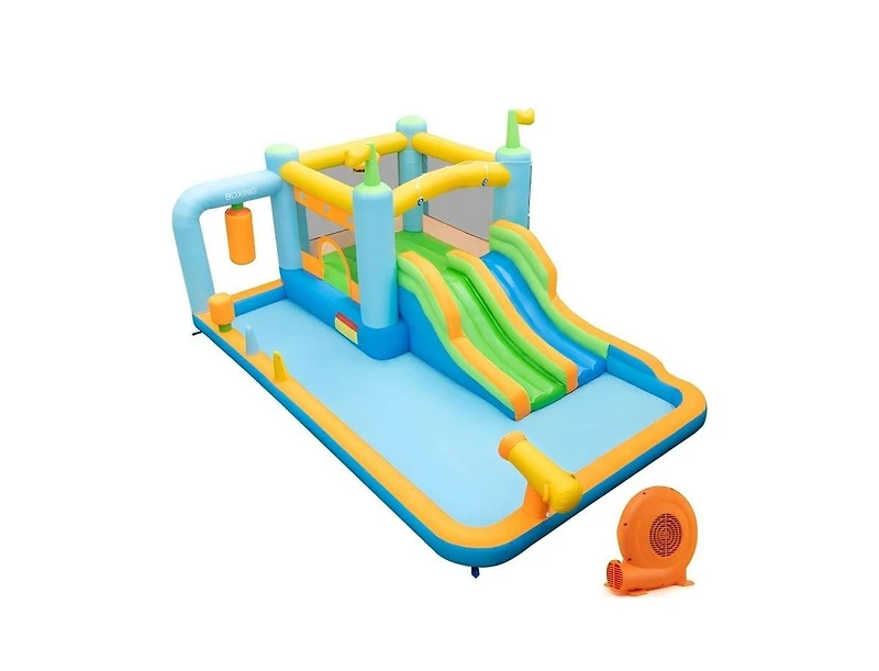 Akiudex Inflatable Bounce House Water Park with Dual Slides, Splash Pool, Basketball Rim and Water Cannon