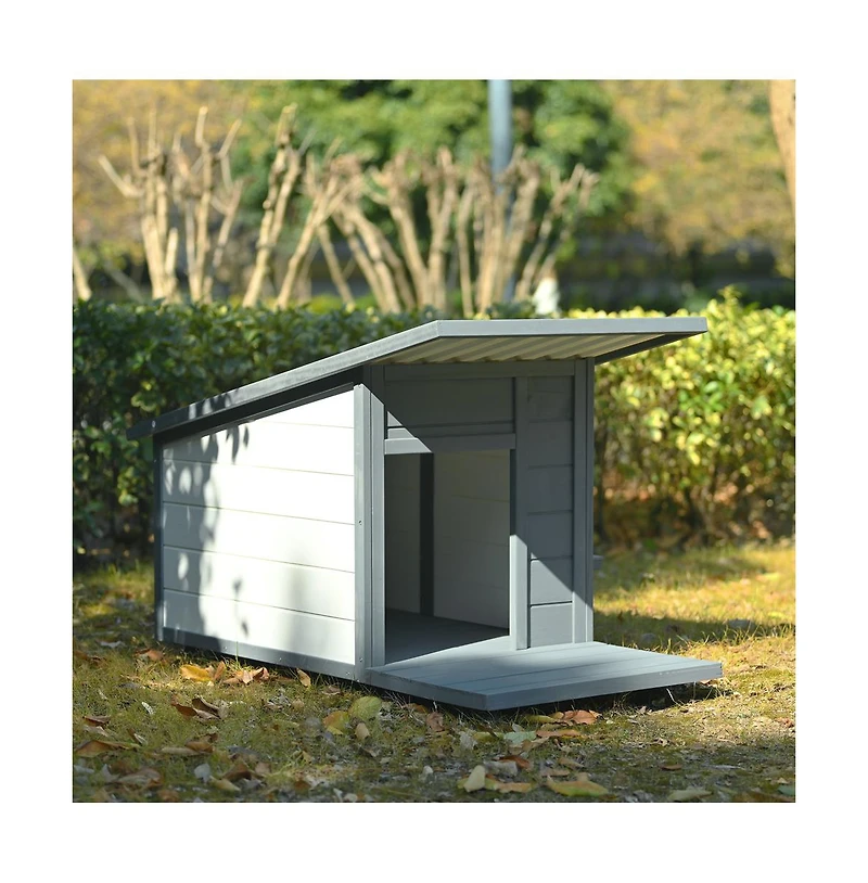 Aostirmotor 44.1 in. Outdoor Wooden Dog house with Food bowl, 4 swivel wheels in Gray