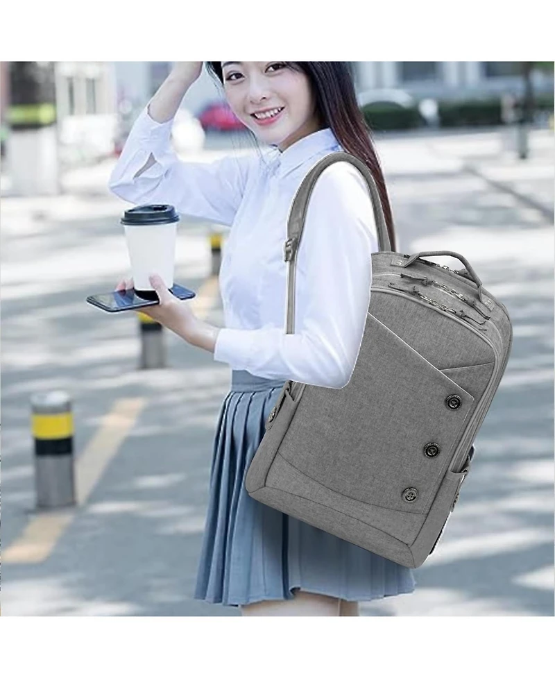 15.6 inch Grey Laptop Backpack for Men Women, Stylish Buttons Decor Daypack with Usb Charging Port, Water Resistant Computer Bag Notebook Bag Suitable
