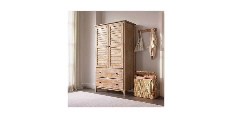 Slickblue Farmhouse Louvered Armoire Distressed Driftwood Finish, Solid Pine Wood